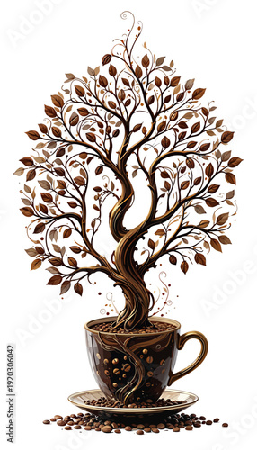 Coffee cup tree with steam branches vector illustration