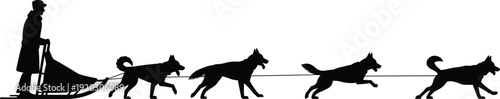 Silhouette of dog sled team with rider standing on sled, minimalist artistic composition symbolizing Arctic travel, winter sport, teamwork, tradition, and animal-powered transportation.