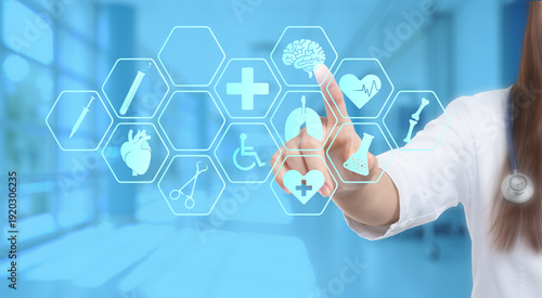 Woman doctor touching virtual screen, telehealth concept. Innovative Medicine. Cropped general practitioner pressing button on digital screen with virtual medical icons, creative collage, panorama