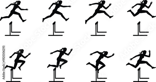 Silhouette sequence of athletes performing hurdle jumps in dynamic motion stages including approach, takeoff, mid-air, and landing showcasing sports training, biomechanics, and athletic performance.