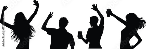 Silhouettes of four people standing together with raised arms and cups, artistic minimalist composition symbolizing celebration, dance, joy, unity, and festive social gathering.