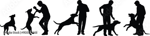 Silhouette sequence of person interacting with dog, minimalist artistic composition symbolizing companionship, training, play, bonding, growth, and behavioral development in human-animal relationship.