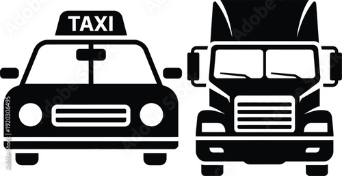 Black and white illustration of a taxi and a delivery truck facing each other