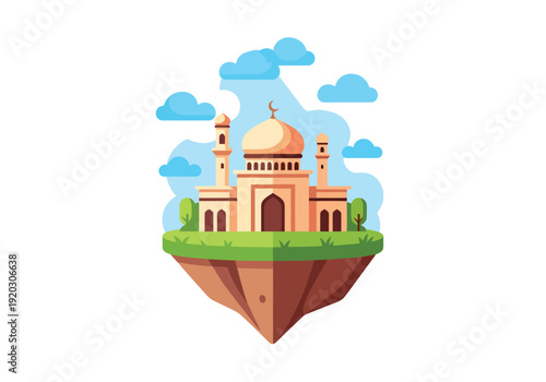 Floating island with mosque, trees and clouds, idyllic scene, Islamic architecture.