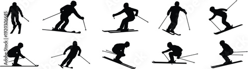 Silhouettes of nine skiers in dynamic poses with ski poles, minimalist artistic composition capturing winter sports techniques, motion, energy, balance, and alpine skiing movement.