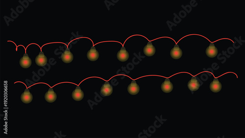 A string of fairy lights with orange bulbs and red wires on a black background