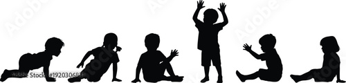 Photography Silhouettes of six young children in seated and crawling positions, minimalist artistic composition symbolizing growth, play, development stages, innocence, and childhood activity design