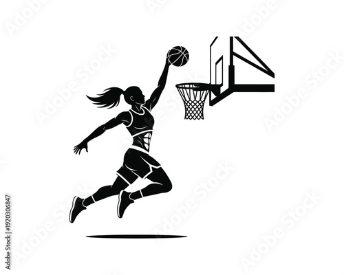 Ponytail female Basketball dunk vector silhouette illustration design, ponytail female dunk vector, women basketball dunk silhouette, female athlete dunk vector, girl basketball slam dunk silhouette, 