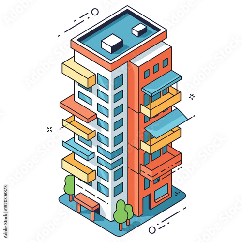 Colorful isometric city building with multiple balconies and rooftop features