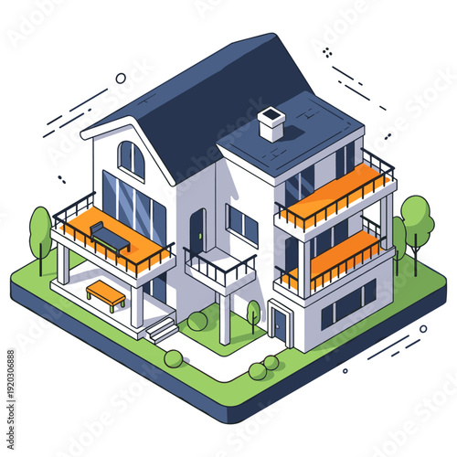 Modern two-story house with balconies and garden in isometric design