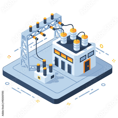 Isometric illustration of a power substation with transformers and electrical equipment