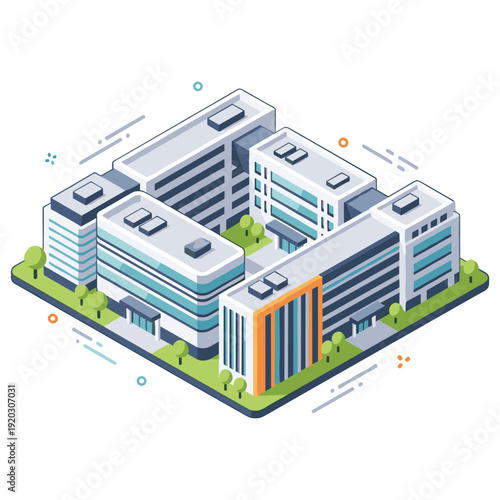 Isometric illustration of a modern office complex with green spaces and colorful design