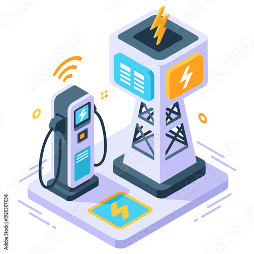 Isometric electric vehicle charging station and power tower illustration