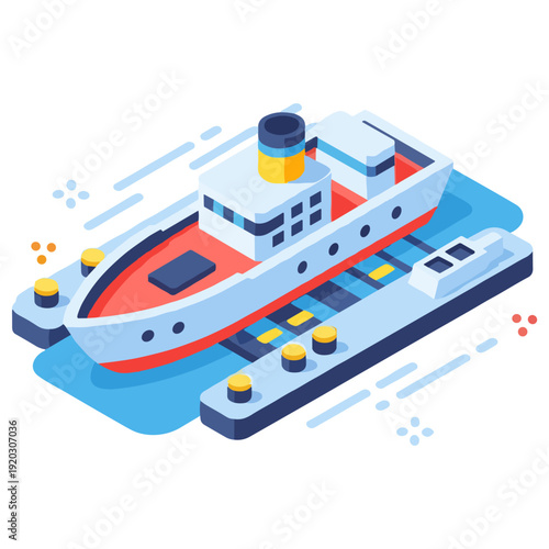 Isometric illustration of a cargo ship at dock with water and pier elements