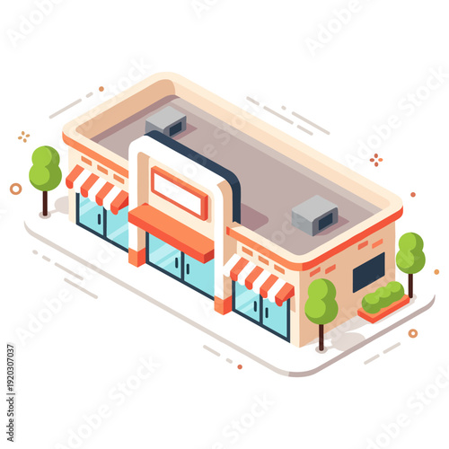 Isometric illustration of retail storefront with trees and awnings