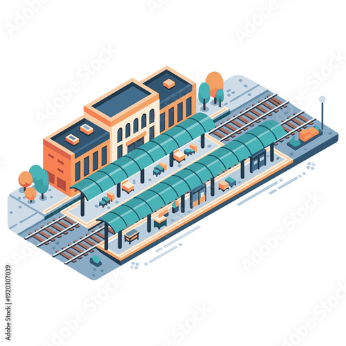 Isometric railway station illustration with platforms and tracks