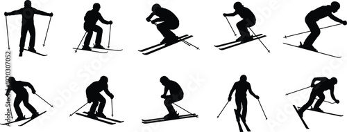 Silhouettes of ten skiers in varied dynamic poses with ski poles, artistic minimalist composition capturing downhill skiing, jumps, turns, crouching, and winter sports motion.
