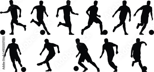 Silhouettes of twelve soccer players in dynamic poses with balls, artistic minimalist composition capturing dribbling, kicking, running, striking, and athletic football motion design.