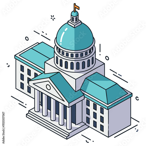 Isometric illustration of a government building with blue dome and columns