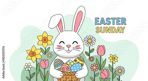 Happy Easter Sunday celebration with a joyful rabbit holding colorful eggs surrounded by blooming flowers in a vibrant spring scene