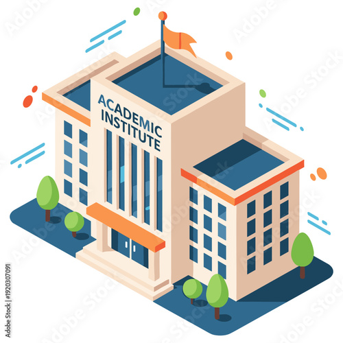 Modern academic institute building with flag and trees in isometric style