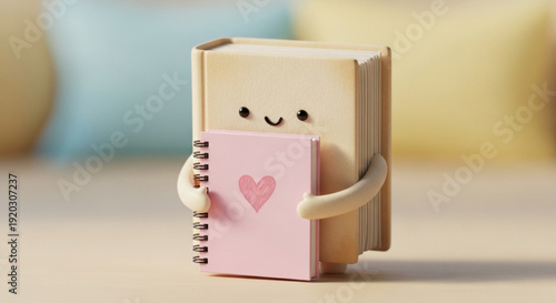 Smiling Book Character Holding Pink Notebook with Heart on Cover, 3D Rendering, Isolated on White Background