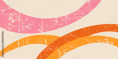 Abstract Orange, Pink, dan Beige retro 70s Abstract Background with Distressed Rainbow Curves and Vintage Grunge Texture. vector illustration