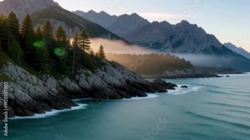 Scenic coastline with mountains and fog during sunset  
