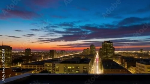 Urban skyline at sunset with colorful clouds over city streets  
