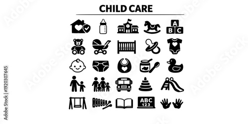 Child Care Daycare Babysitting Kids Childcare Services Supervision Early Education Nursery Development Parenting Nanny Preschool Toddler Infant Vector Icon Set - Childcare Services