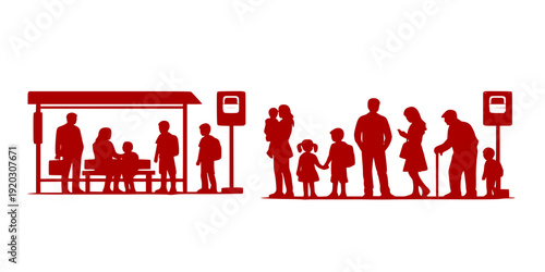 Children and adults waiting at bus stops silhouette vector illustration isolated on white background
