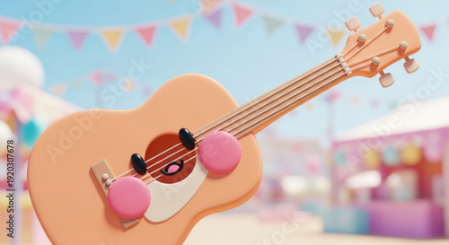 Cartoon Guitar with Funny Face at Outdoor Festival