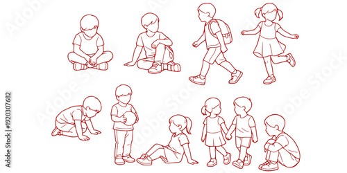 CAD Drawings. Set kids outlines isolated on white background. Sitting, walking, etc. Vector illustration.