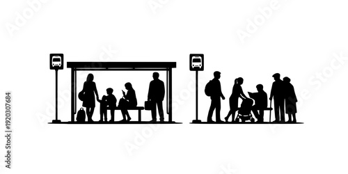 Children and adults waiting at bus stops silhouette vector illustration isolated on white background