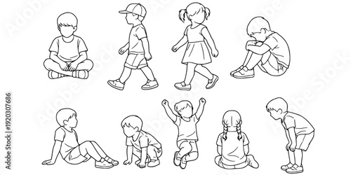 CAD Drawings. Set kids outlines isolated on white background. Sitting, walking, etc. Vector illustration.