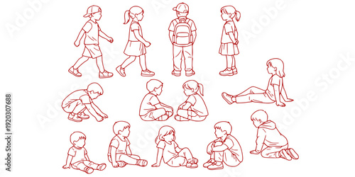 CAD Drawings. Set kids outlines isolated on white background. Sitting, walking, etc. Vector illustration.