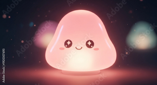 Cute Cartoon Cloud Character with Smiling Face and Glowing Light in Dark Space