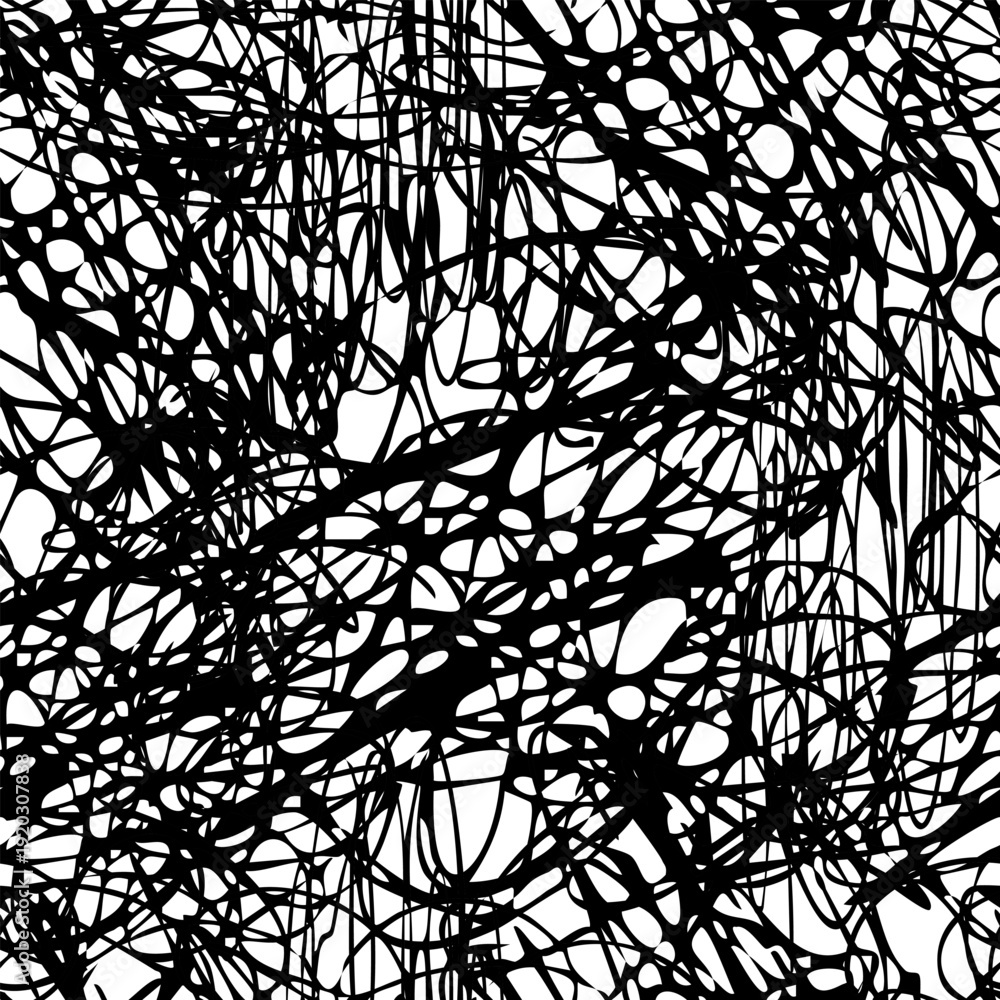 Obraz premium Abstract seamless pattern of chaotic scribble lines and tangled organic shapes in black and white. Modern monochrome texture ideal for backgrounds, textiles, packaging, and contemporary design.