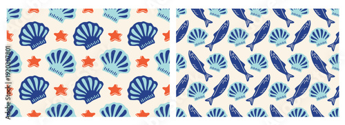 Set of Mediterranean seamless patternss with shells, starfish, sardines. Doodle Hand drawn Sea animals background. La dolce vita illustration. Seafood template in Italian, Portugal, style. Vector