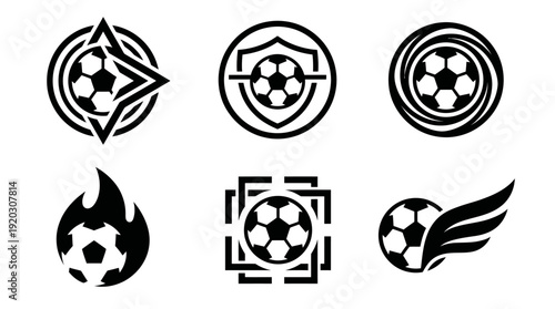 Black and white soccer football logo emblem set featuring a winged ball, flame and geometric shield shapes for sports club branding.