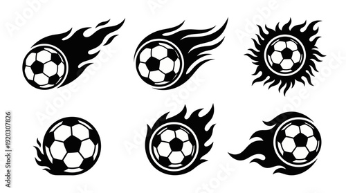 Silhouette of flaming soccer football logo set featuring burning fire trail and fast-speed motion symbols for sports logos and branding.
