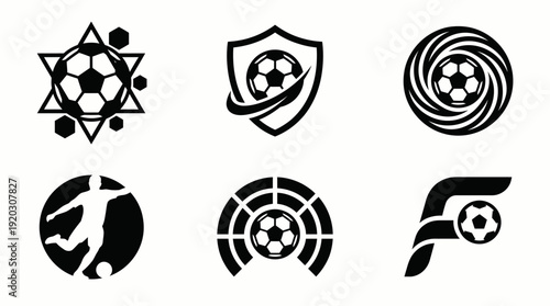 Soccer football logo set featuring player silhouette, a star, an 'F' letter football logo and spiral shapes for sports club branding design.
