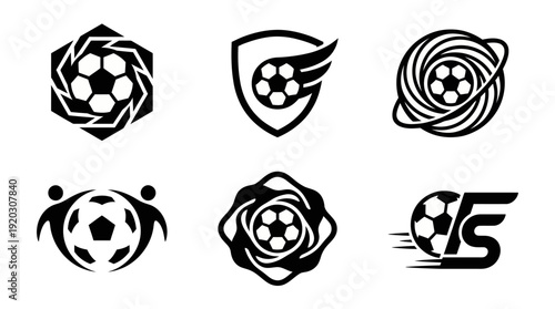 Black and white soccer football logo emblem set featuring shield and team badge symbols for sports club identity, sports branding, tournament identity, and championship graphic design. 