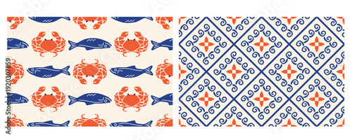 La dolce vita Wallpaper set. Mediterranean Seamless patterns. Hand drawn Doodle crab and sardines with mosaic elements in italiam style. Vector