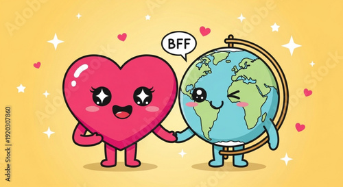 Cartoon Heart and Earth Hugging as Best Friends on Yellow Background with Stars