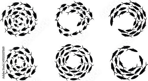 Abstract fish silhouettes forming circular swirl patterns, black and white marine design collection isolated on white background