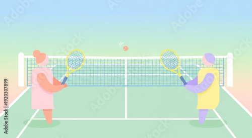 Tennis Players Hitting Ball on Court during Match