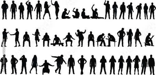 People silhouette collection set, men and women standing sitting walking poses, black human vector illustration isolated on white