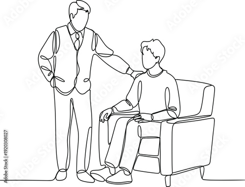 Continuous line drawing of man comforting another person sitting in armchair for support and empathy