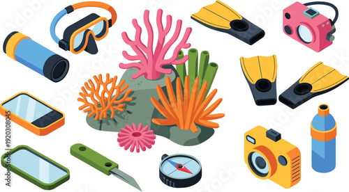 Isometric snorkeling and scuba diving equipment set with coral reef, underwater camera and fins isolated white background